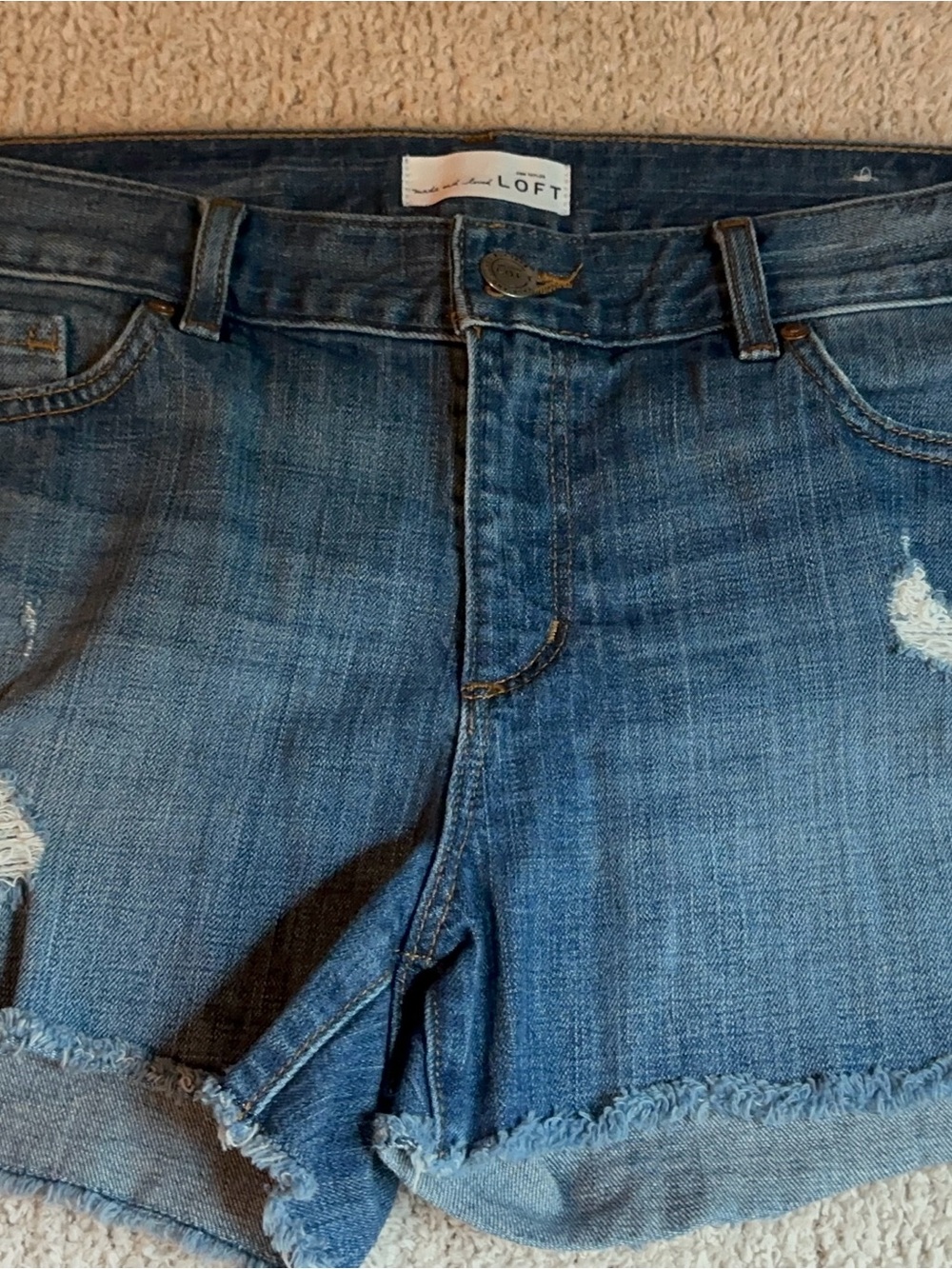 LOFT Blue Distressed Denim Cutoff Short Shorts Raw Hem Stretchy Size 10